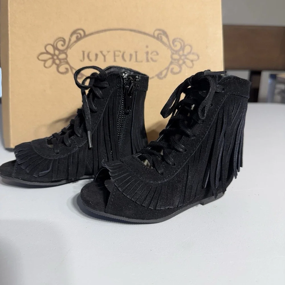 JOYFOLIE TODDLER SIZE 4 Black‎ Suede Fringe Boots SIDE ZIPPER PEEP TOE